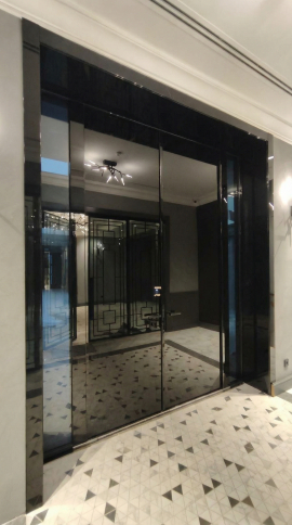 Большая современная входная дверь в черном стекле