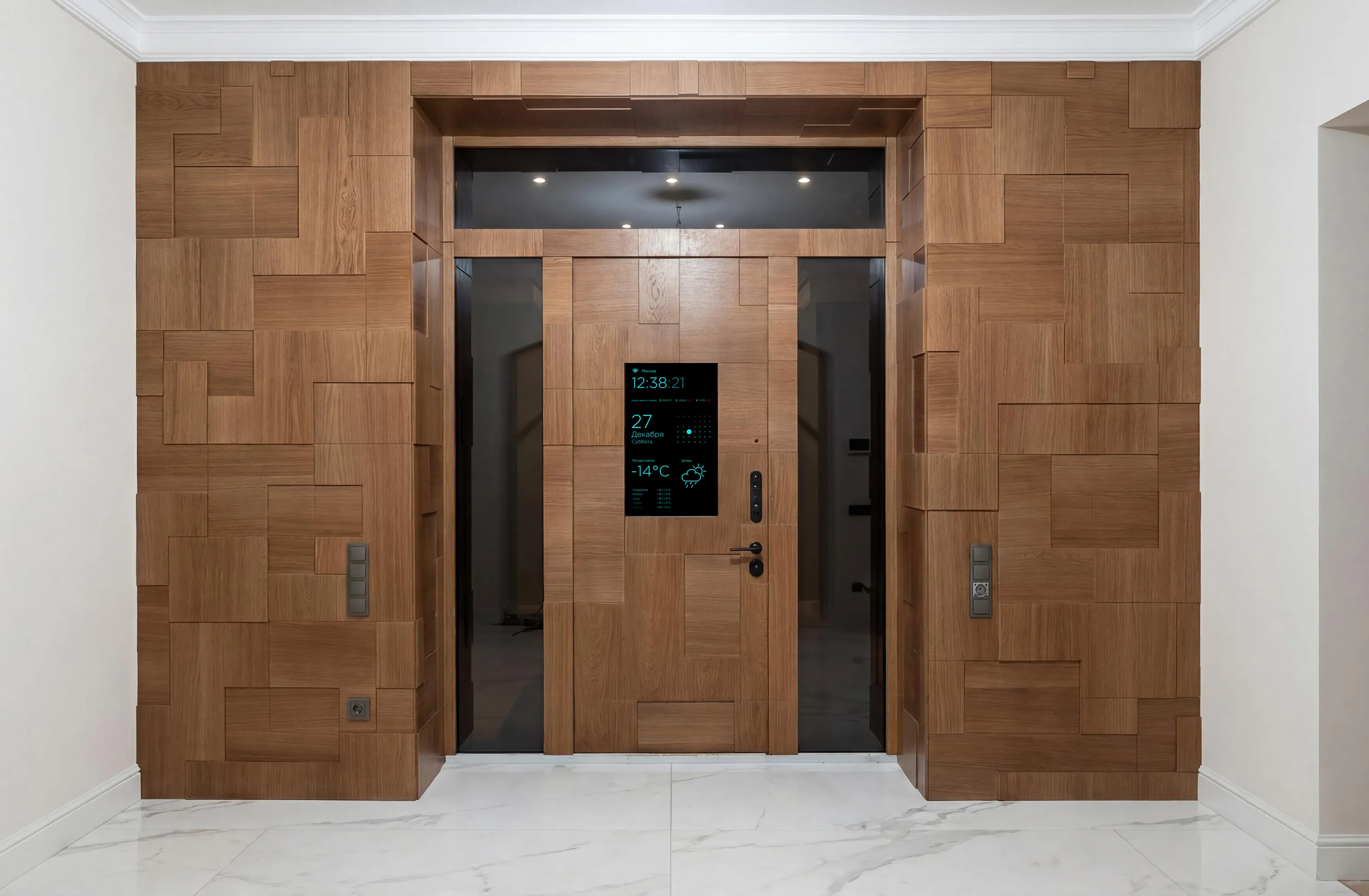 Одностворчатая входная дверь с тонированными стеклянными фрамугами