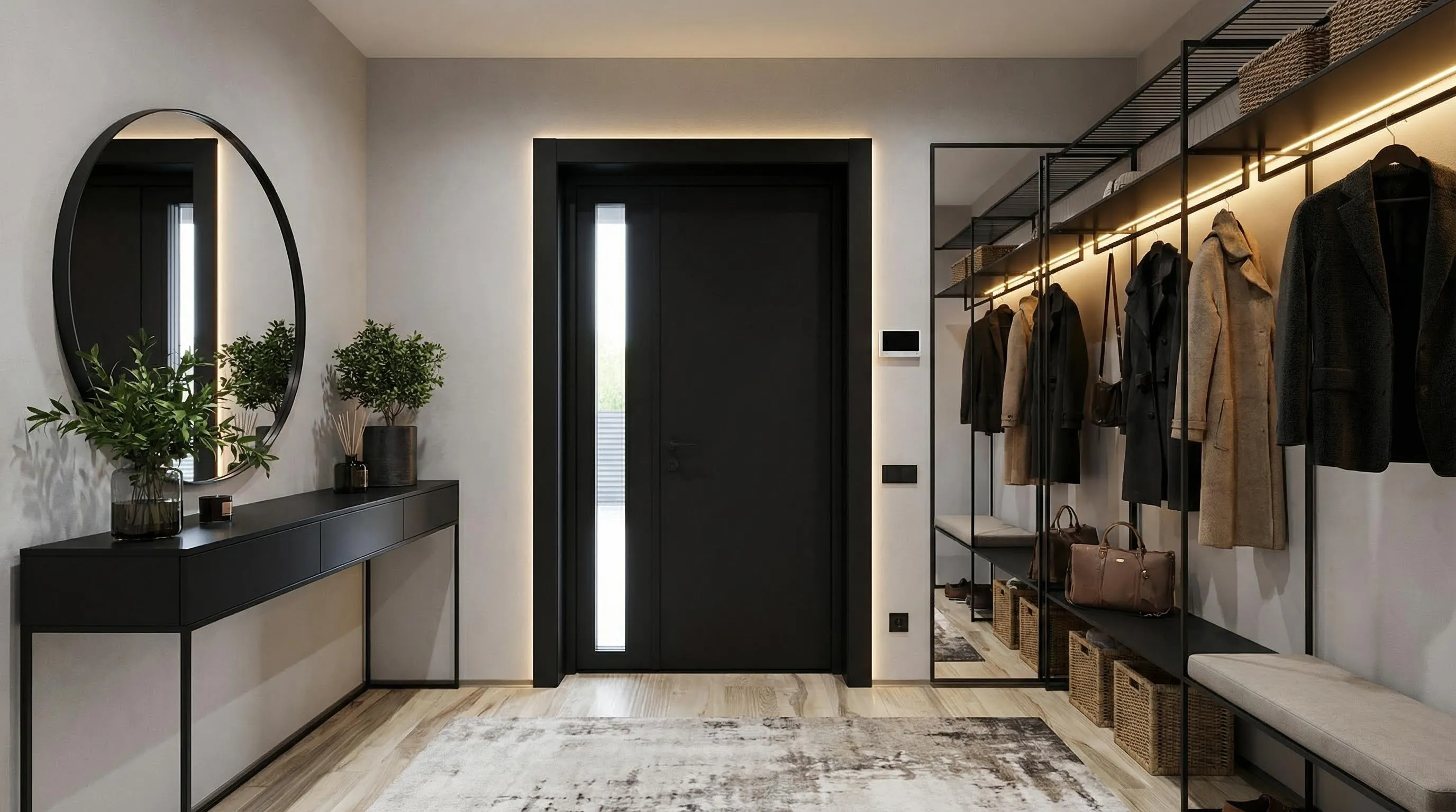 Современная входная дверь с вертикальной световой вставкой