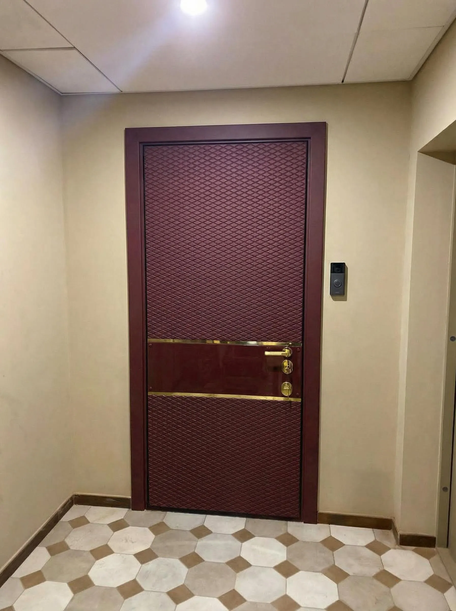 Входная дверь в квартиру с декоративной геометрией и латунными вставками